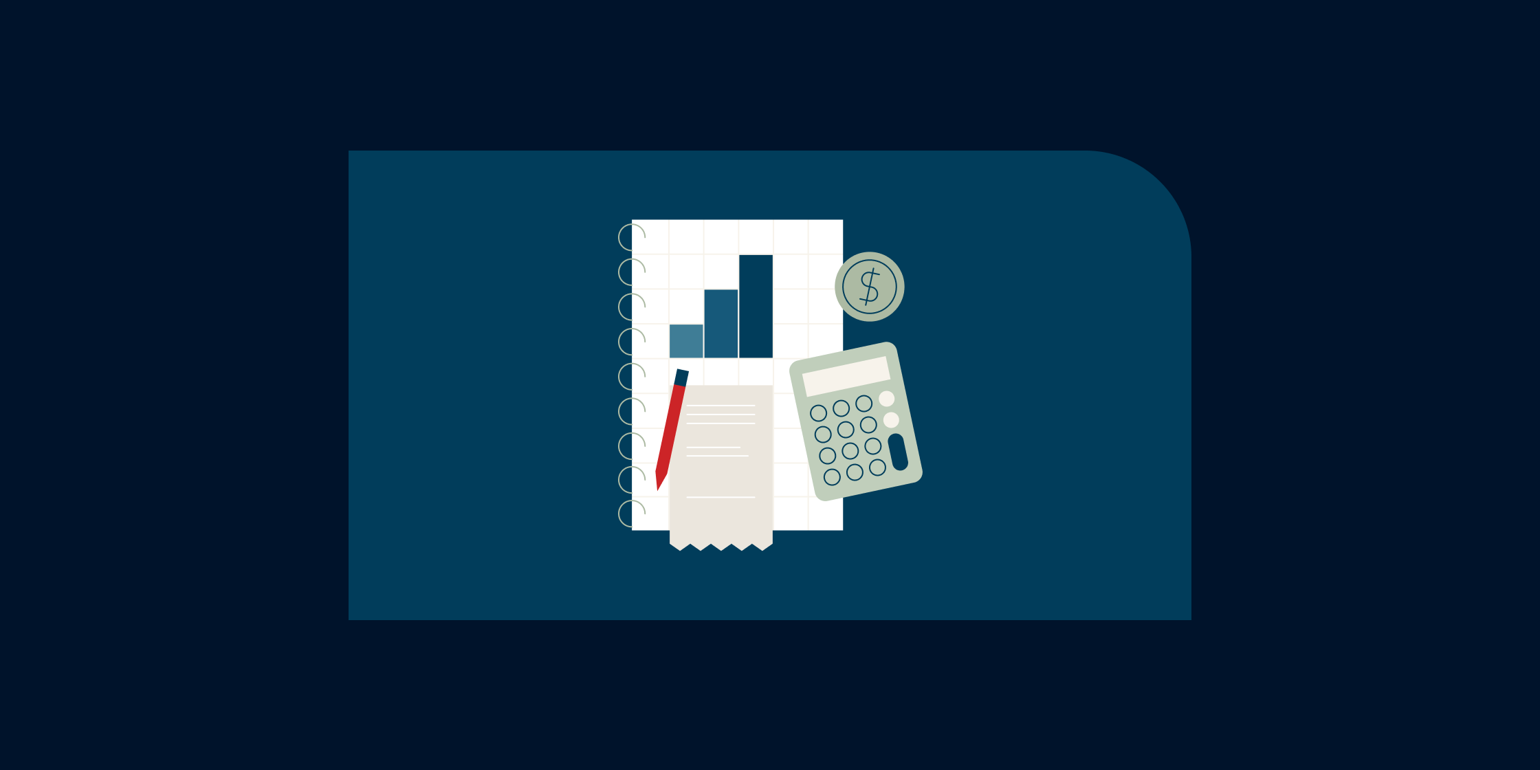 Illustration of a notebook, pencil, and calculator.