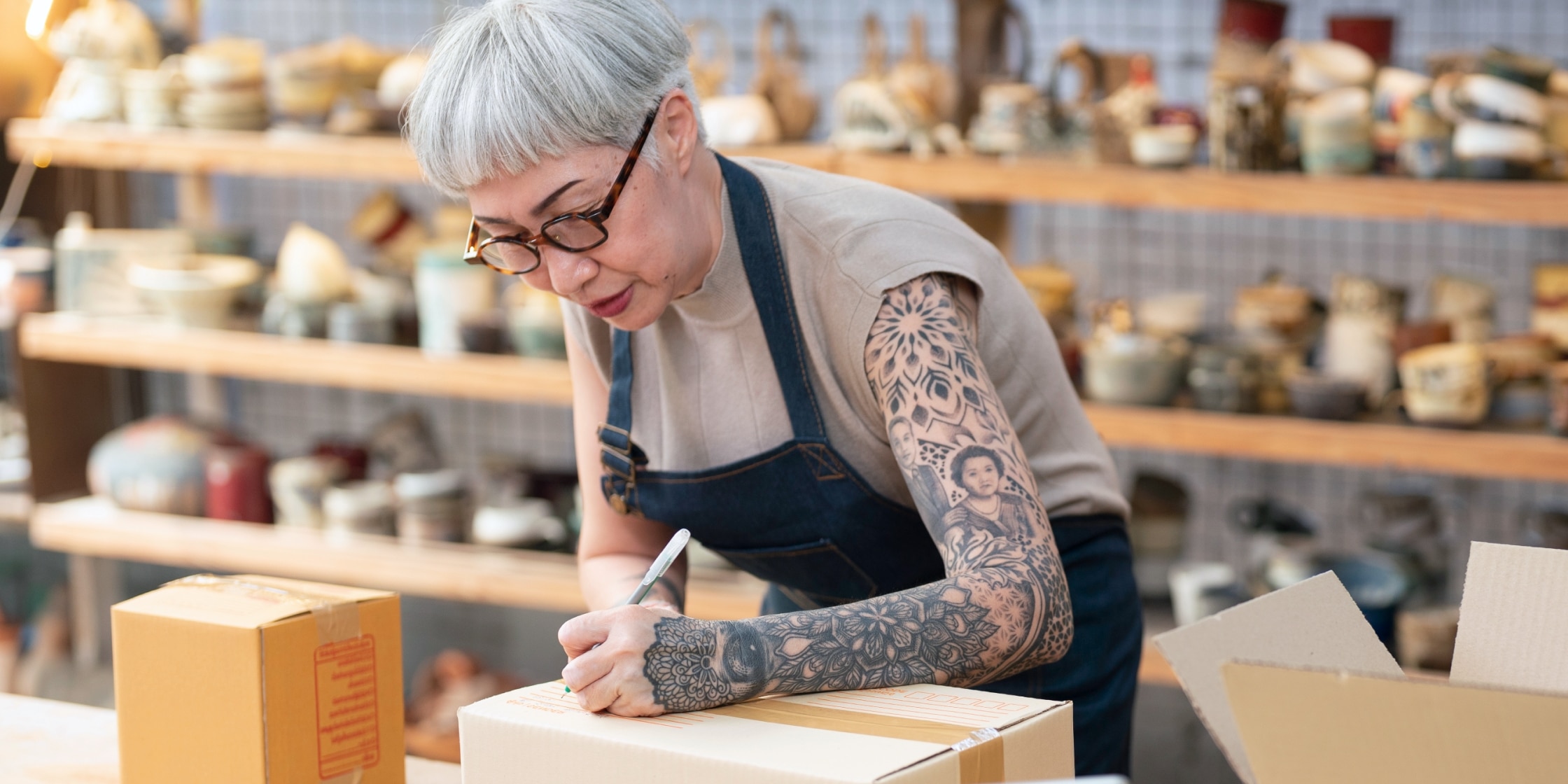 A tattooed woman with white, gray hair who is working in an art studio is writing an address onto a cardboard box, getting items ready to ship.