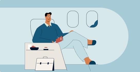 Illustration of a man sitting in a business class seat on an airplane.
