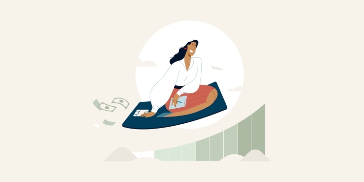 An illustration of a woman sitting on a credit card.