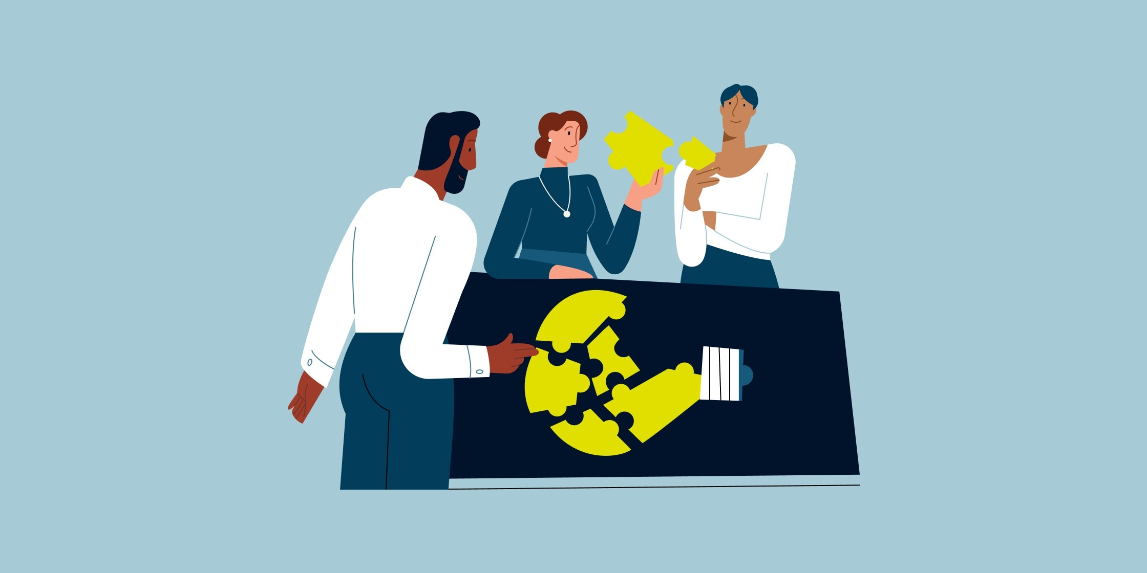 Coworkers stand around a puzzle that represents companies optimizing their cultures to  drive growth and innovation.