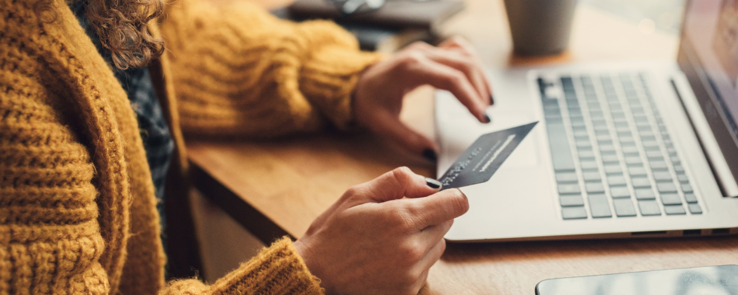 Person sitting at a laptop while holding their credit card in one hand.