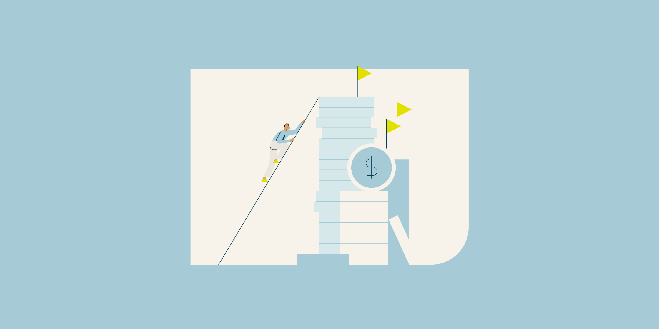 An illustration of a person climbing a ladder that’s leaning against a stack of paper.