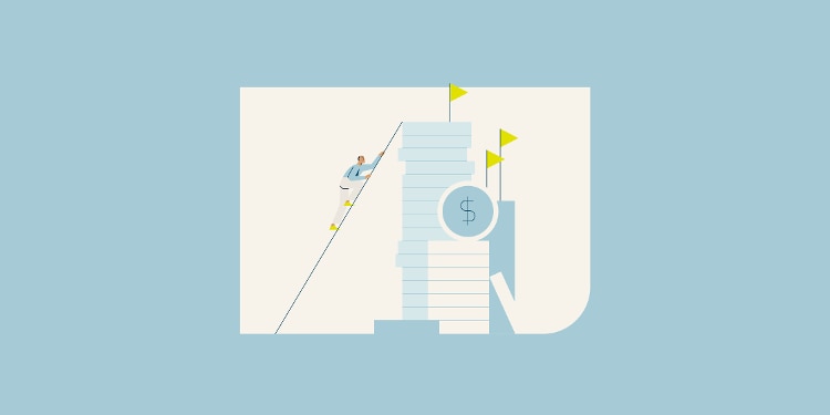 An illustration of a person climbing a ladder that’s leaning against a stack of paper.