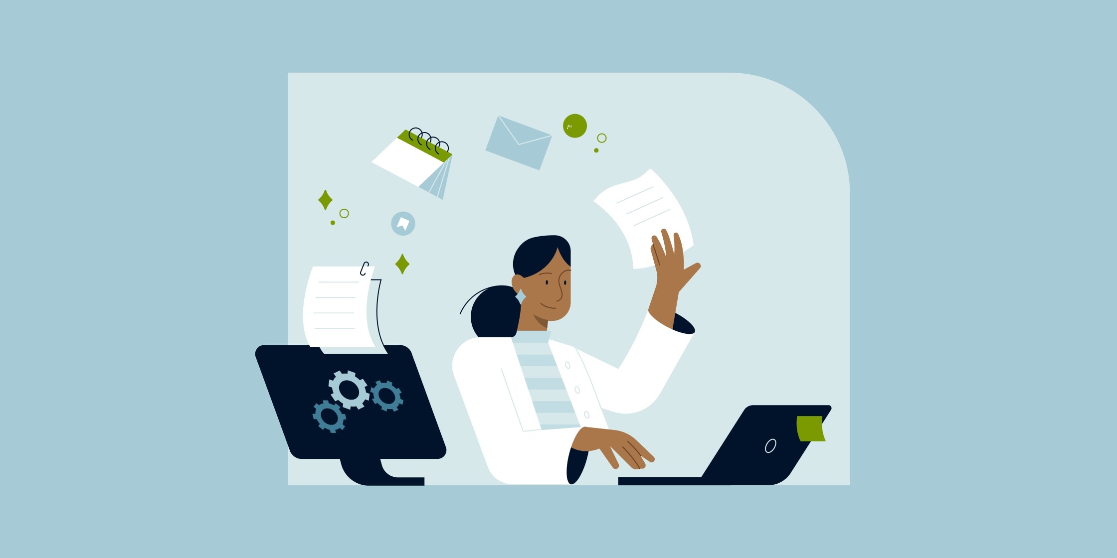 A businesswoman hands off her repetitive tasks to an automation tool, so that she can focus on other business responsibilities.