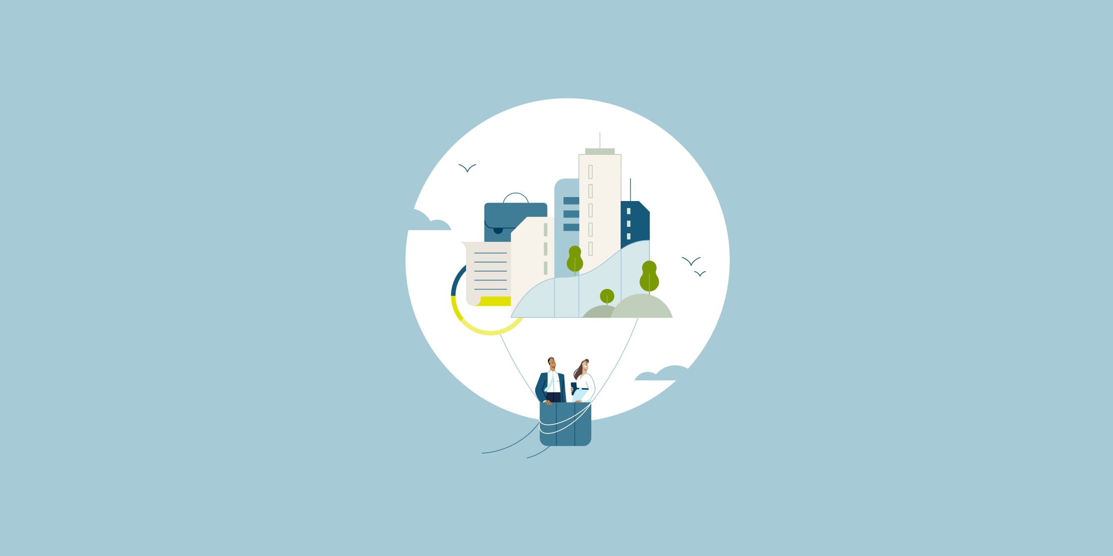 An illustration of two people in a hot air balloon basket. The circle of the hot air balloon is the image of cityscape.