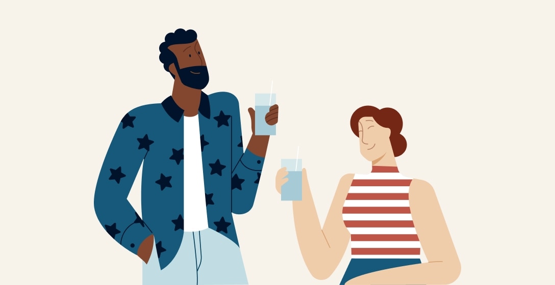 Illustration of two individuals chatting while holding drinks.