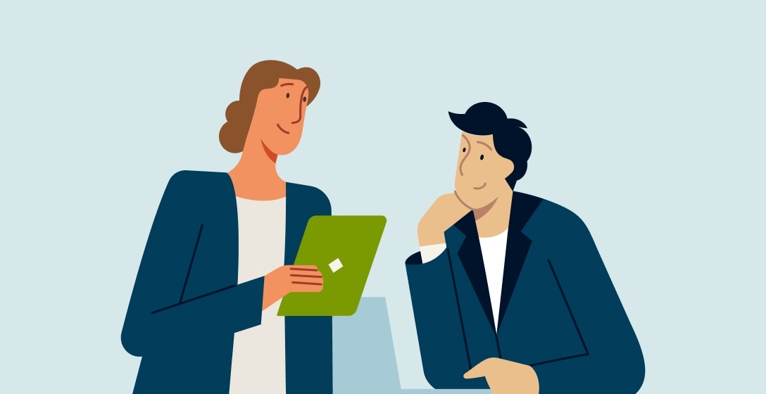 Illustration of two individuals having a conversation while one holds a tablet.