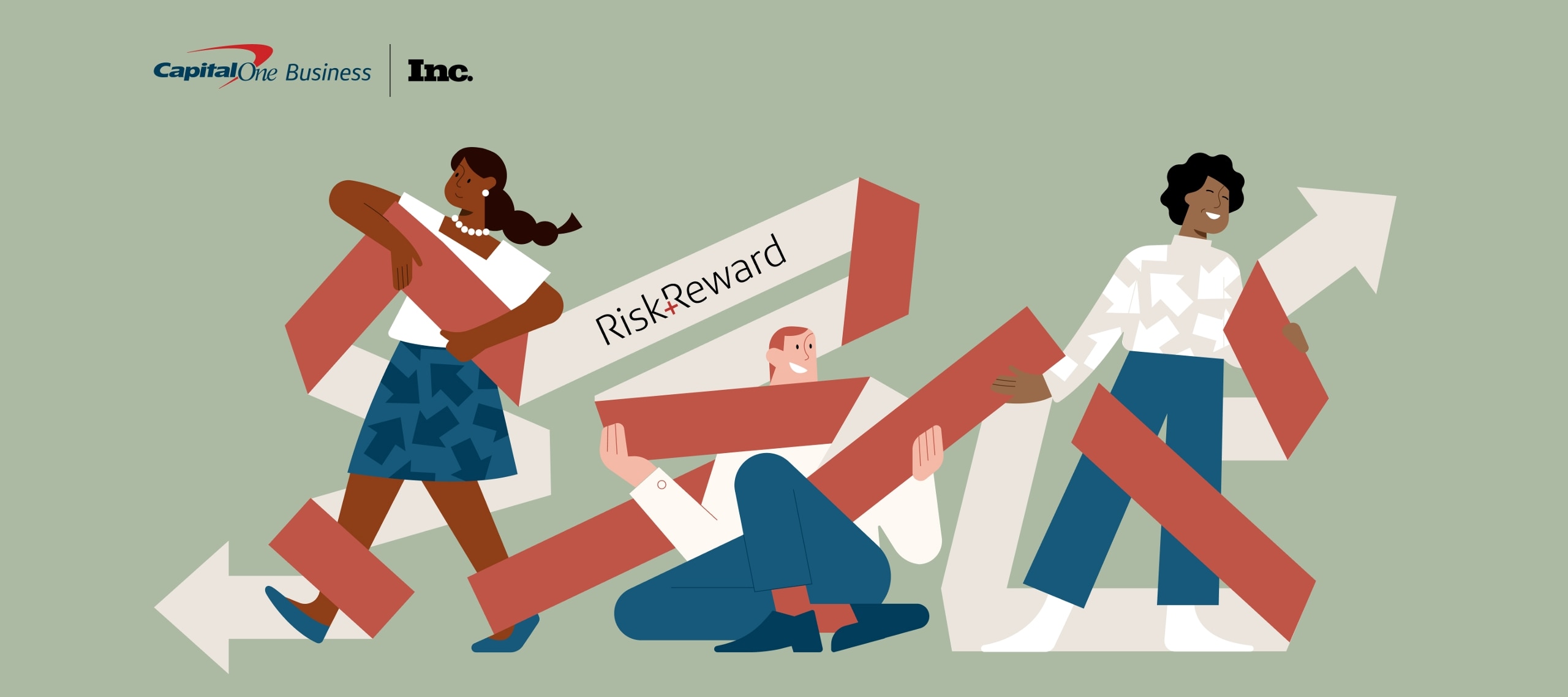 Three illustrated individuals holding a banner that says, "Risk & Reward."