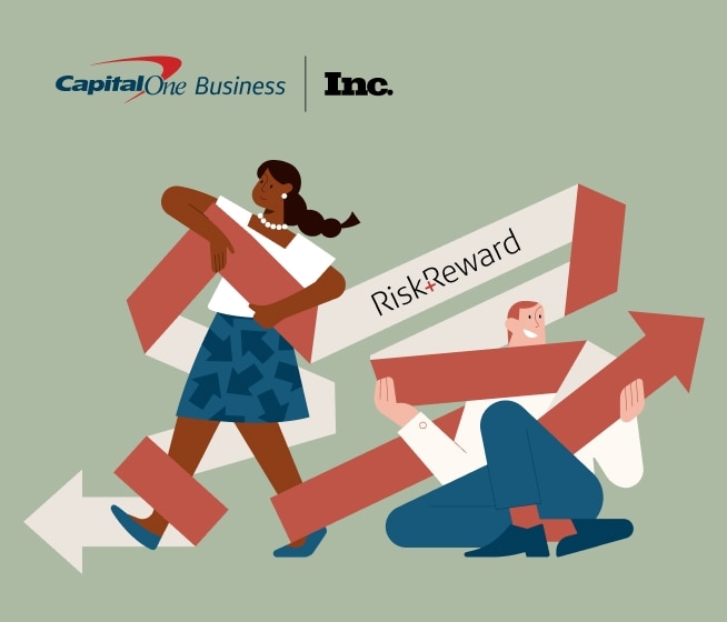 Three illustrated individuals holding a banner that says, "Risk & Reward."