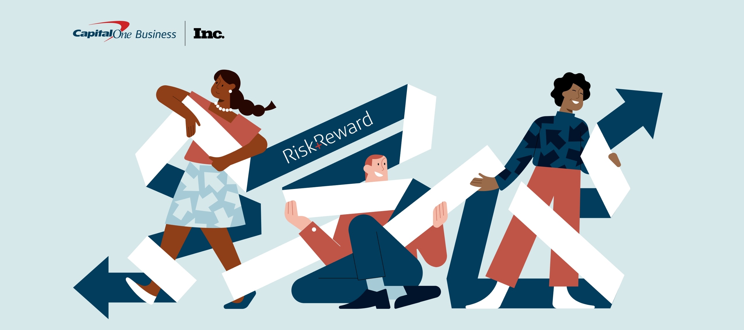 Three illustrated individuals holding a banner that says "Risk and reward."