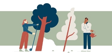 Two individuals standing by a tree. One is measuring the tree and the other looks on holding a water can.