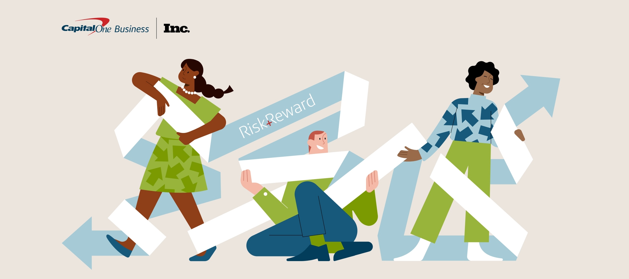 Three illustrated individuals holding a banner that says "Risk and reward."