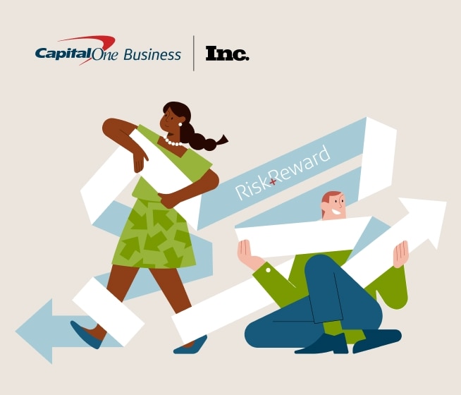 Three illustrated individuals holding a banner that says "Risk and reward."