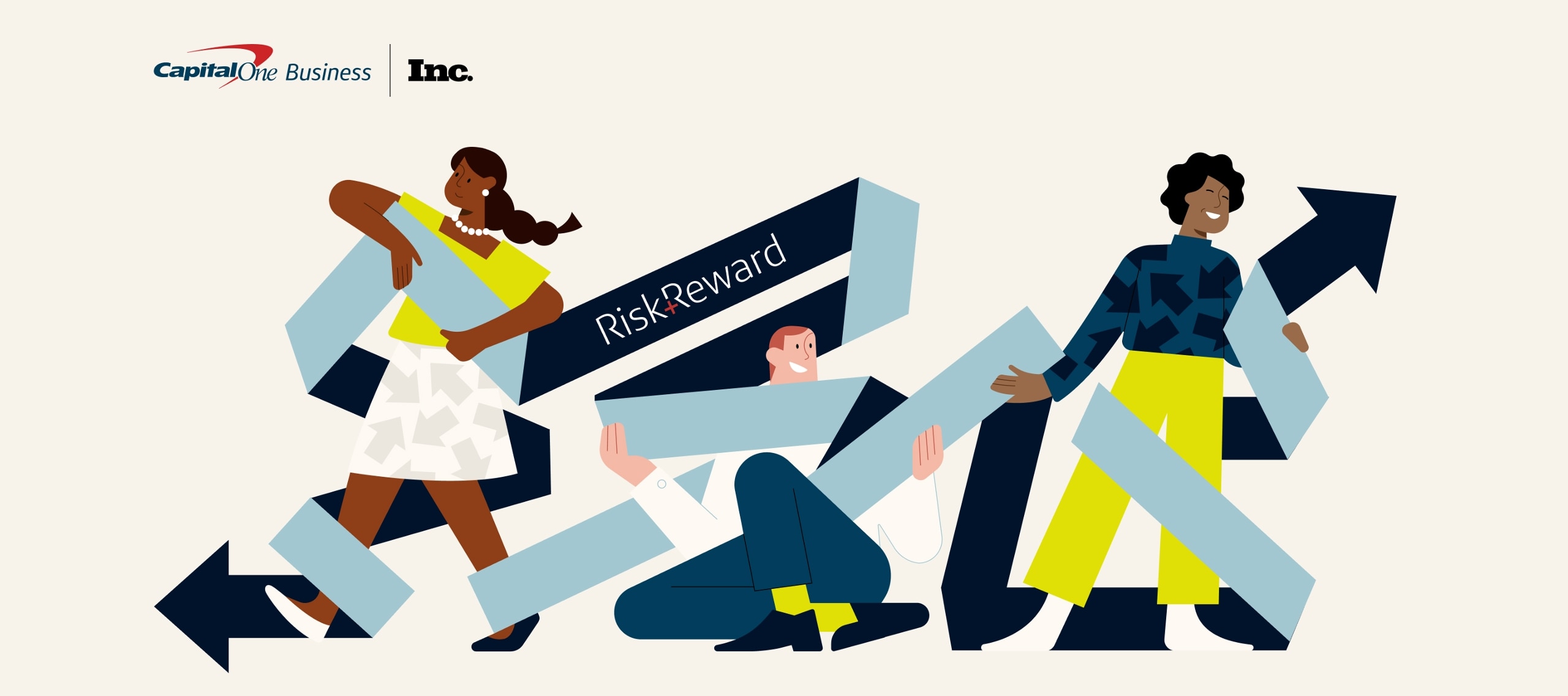 Three illustrated individuals holding a banner that says, "Weighing risk and reward in pursuit of growth."