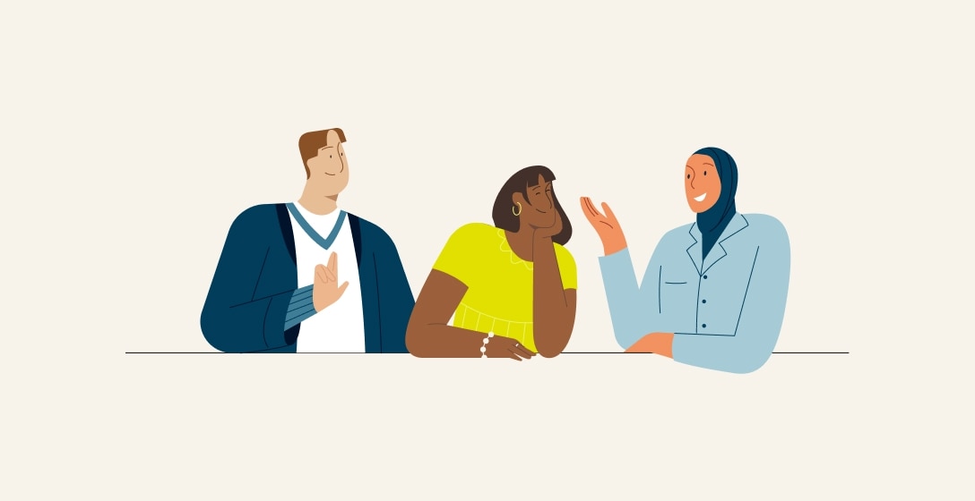 Illustration of three individuals having a conversation.