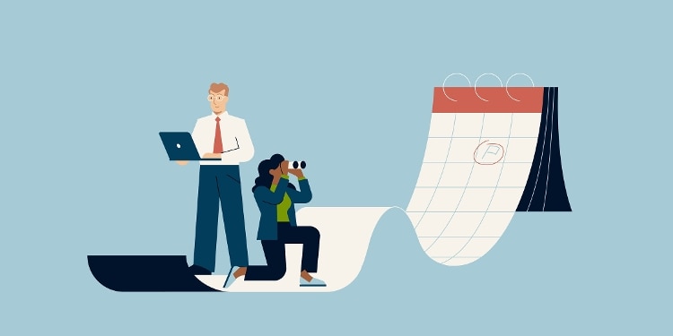 Illustration of two individuals standing on a calendar. One is using a laptop and the other is peering through binoculars.