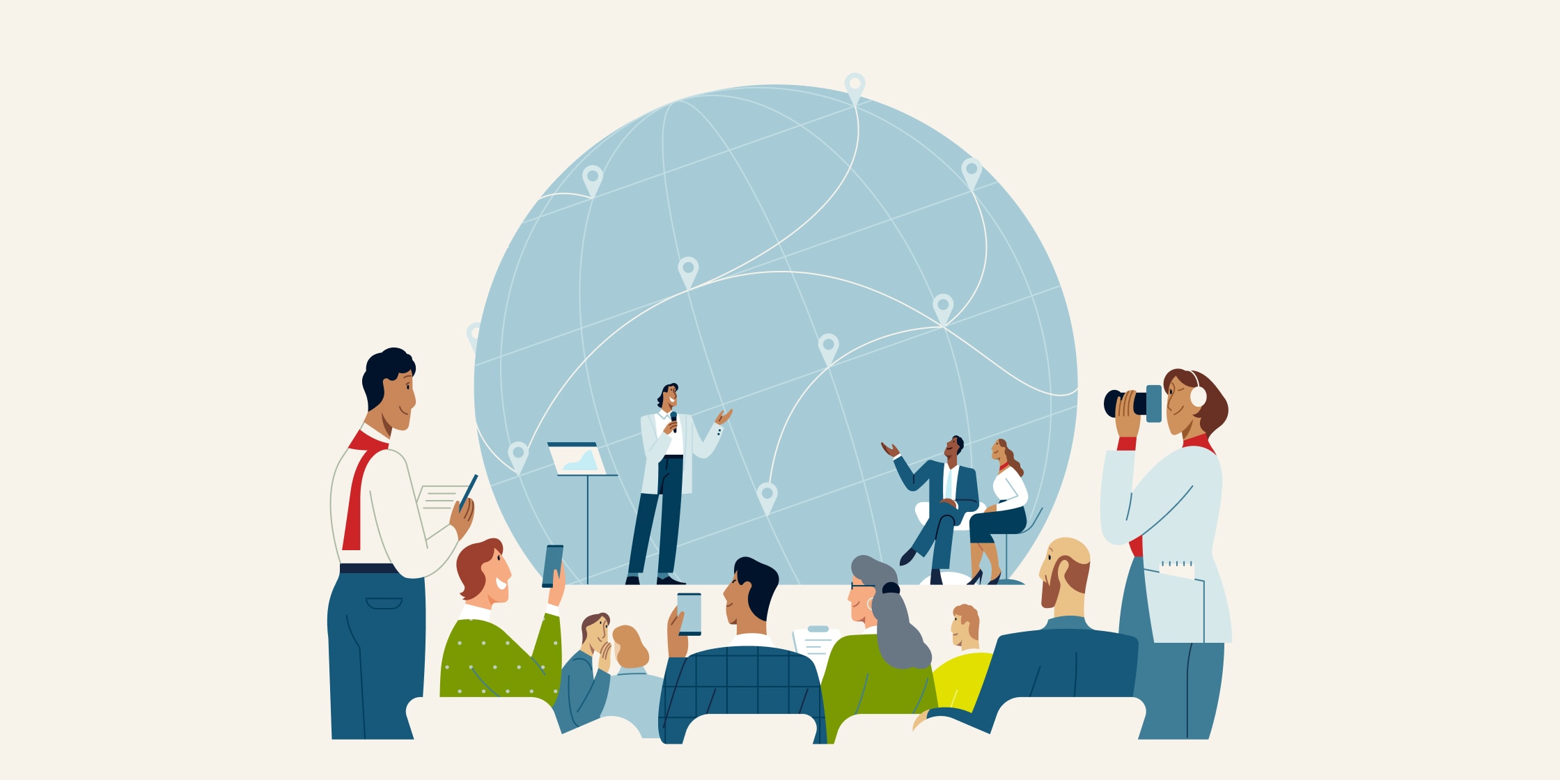 An illustration of a leader presenting on stage. There are people in the audience listening.