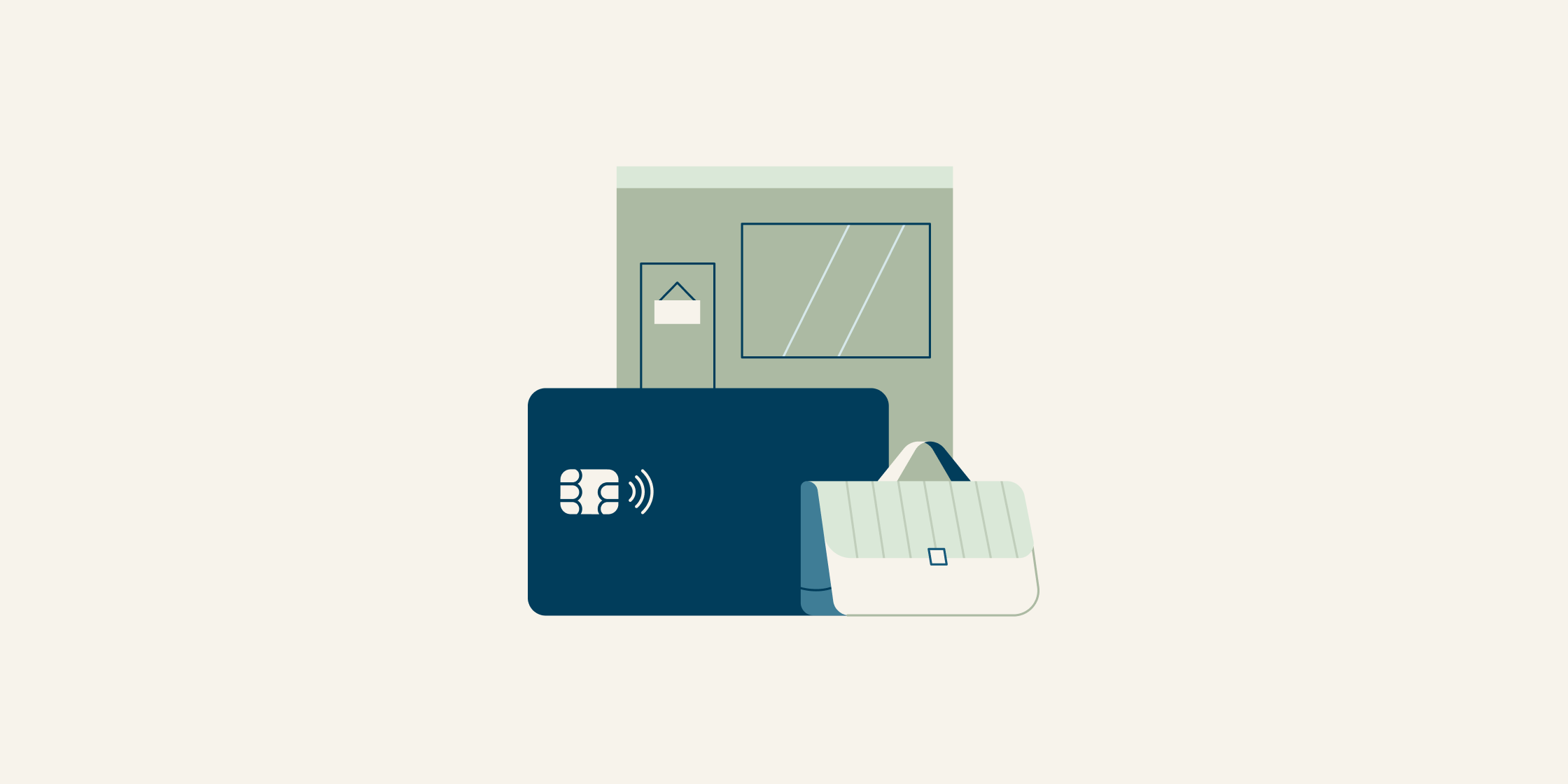 Illustration of a credit card and bag next to a storefront.