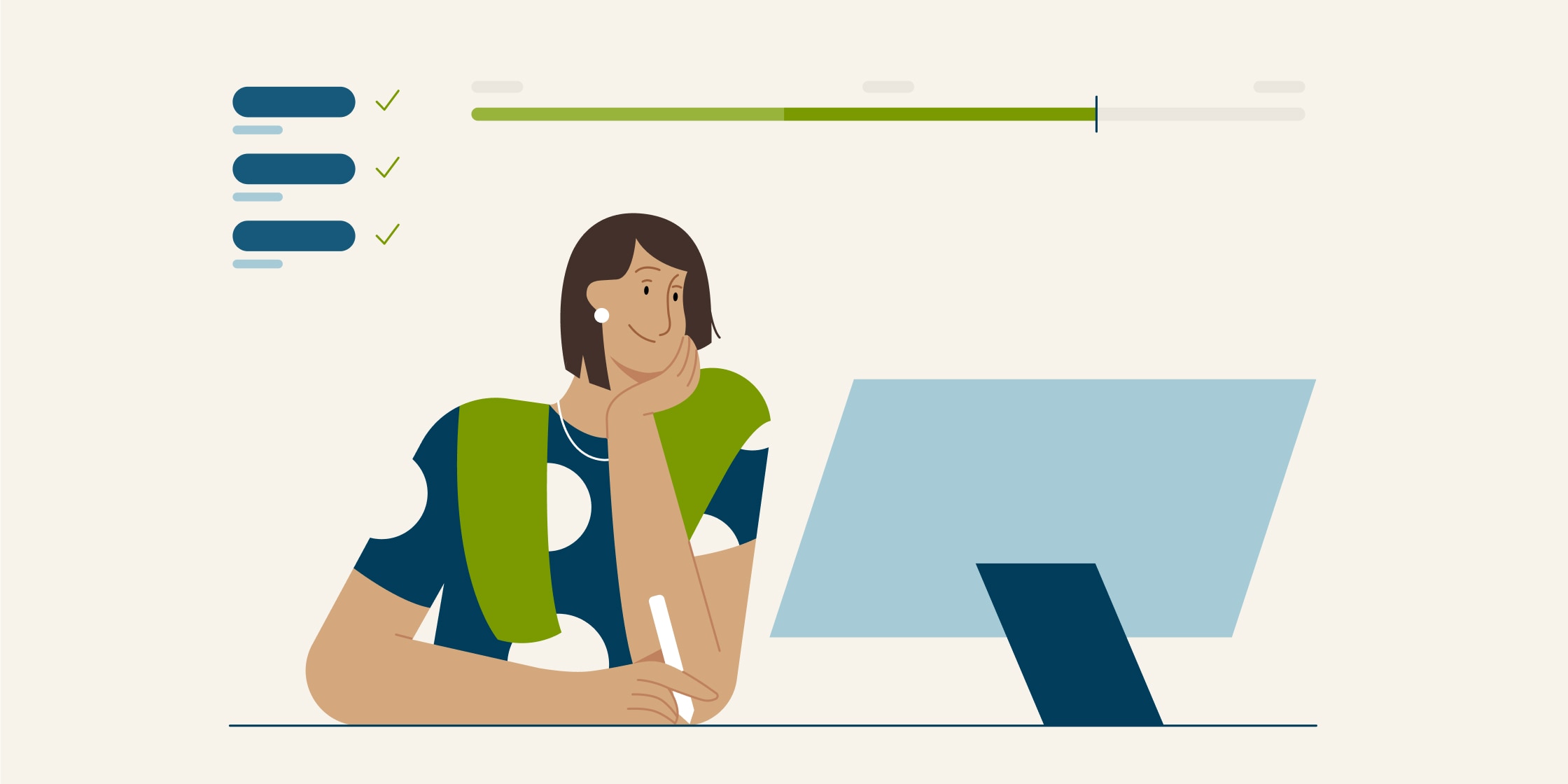 An illustration of a woman sitting in front of a desktop computer. She has her chin resting on one hand and a white pen in her other hand. There is an illustration of a checklist and line chart above her.