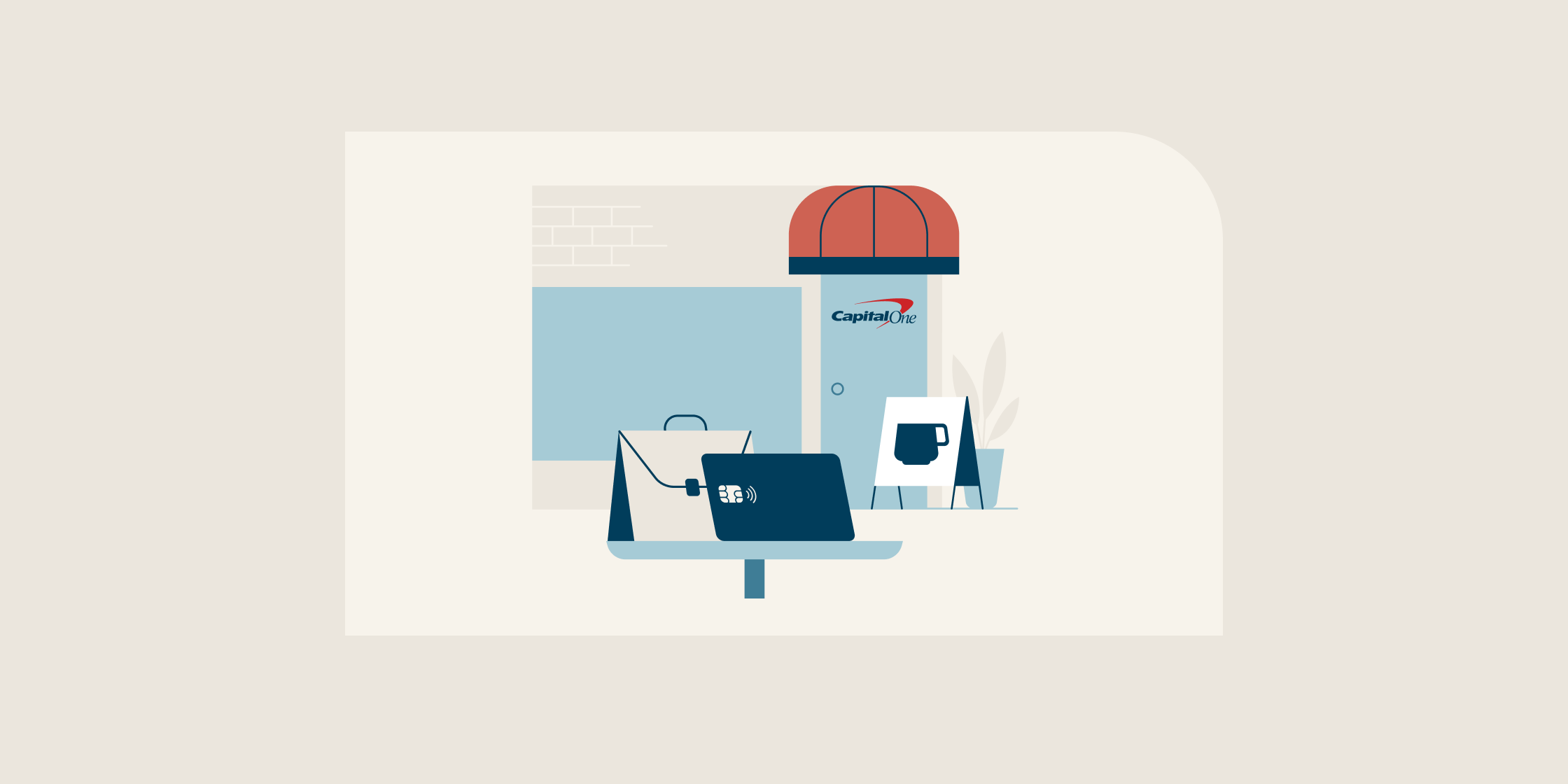 Illustration of a Capital One Business card leaning on a laptop bag in front of a coffee shop.
