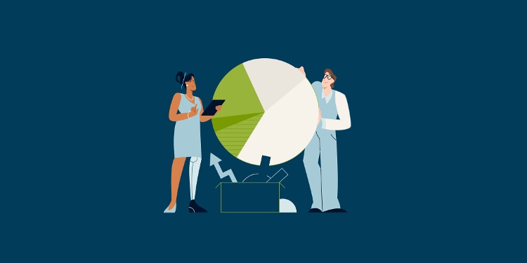 Illustration of a man and a woman with a pie chart between them.