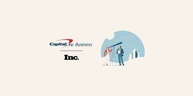 An illustration of a man and a woman dressed in business clothes with a telescope between them.