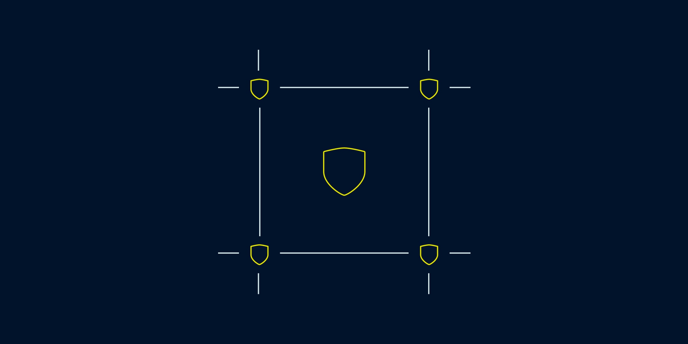 Data security concept illustration showing a yellow shield icon, surrounded by four smaller shield icons.