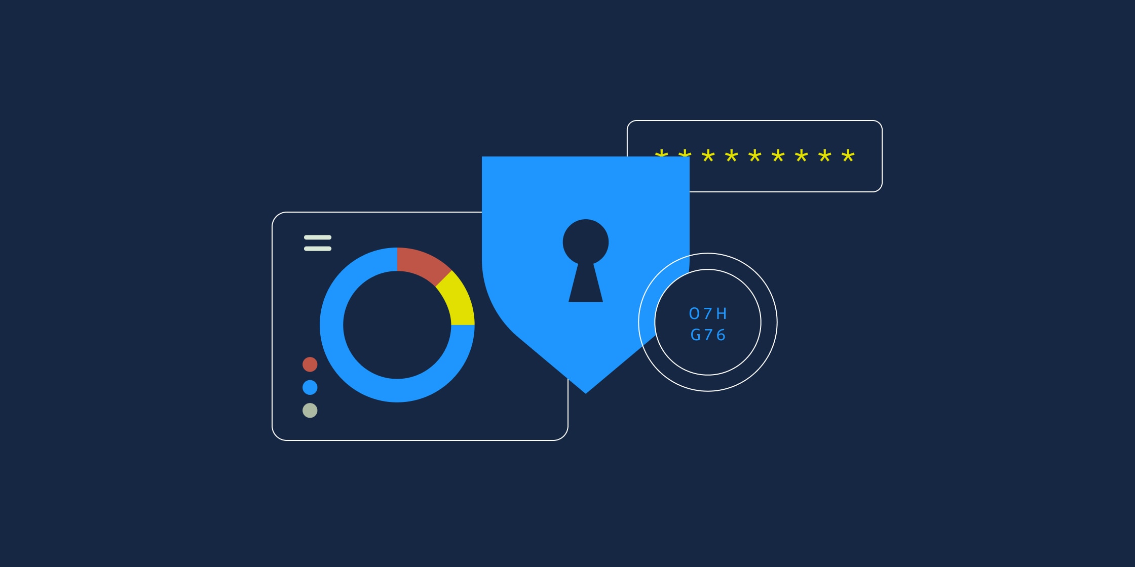 Computer screen with a blue shield and keyhole on a dark blue background.