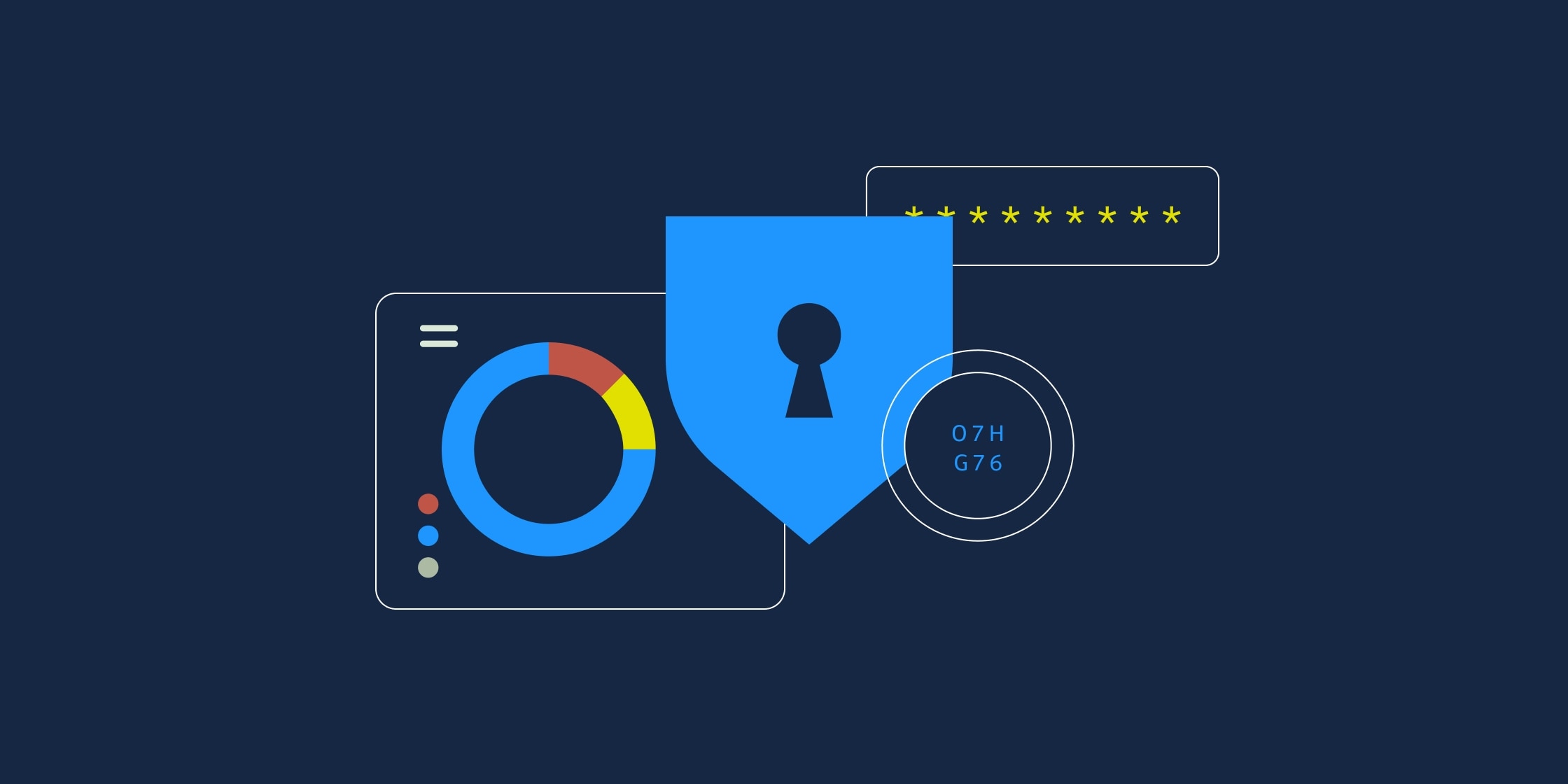 Computer screen with a blue shield and keyhole on a dark blue background.