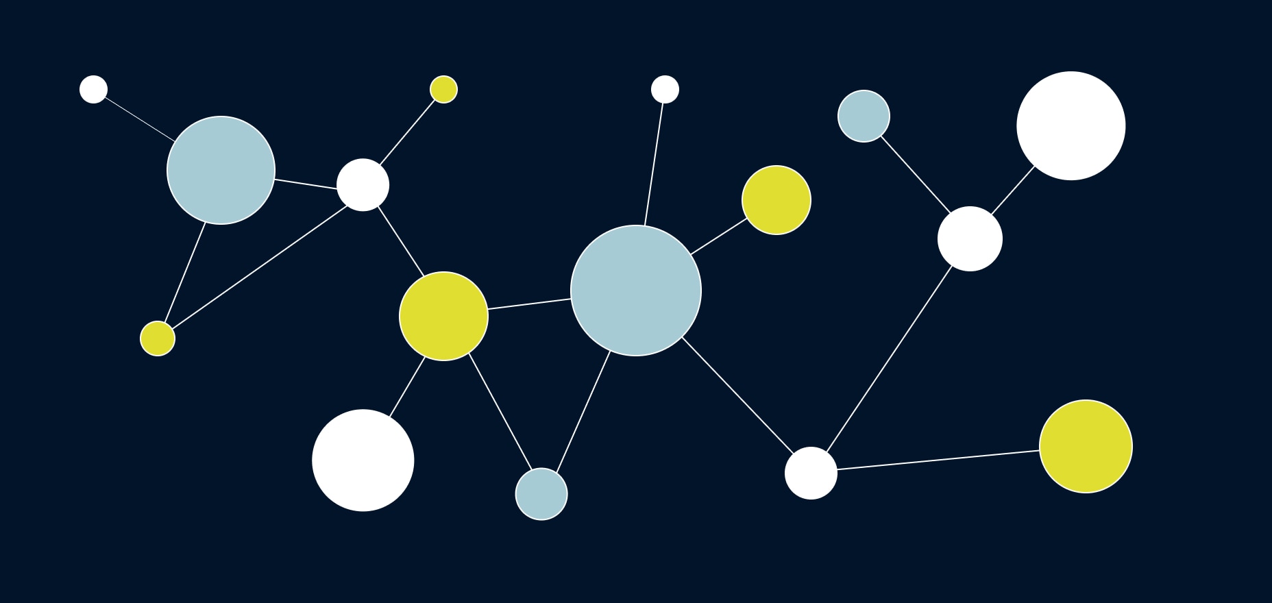 Dark blue background with green and blue circles connected by white lines.