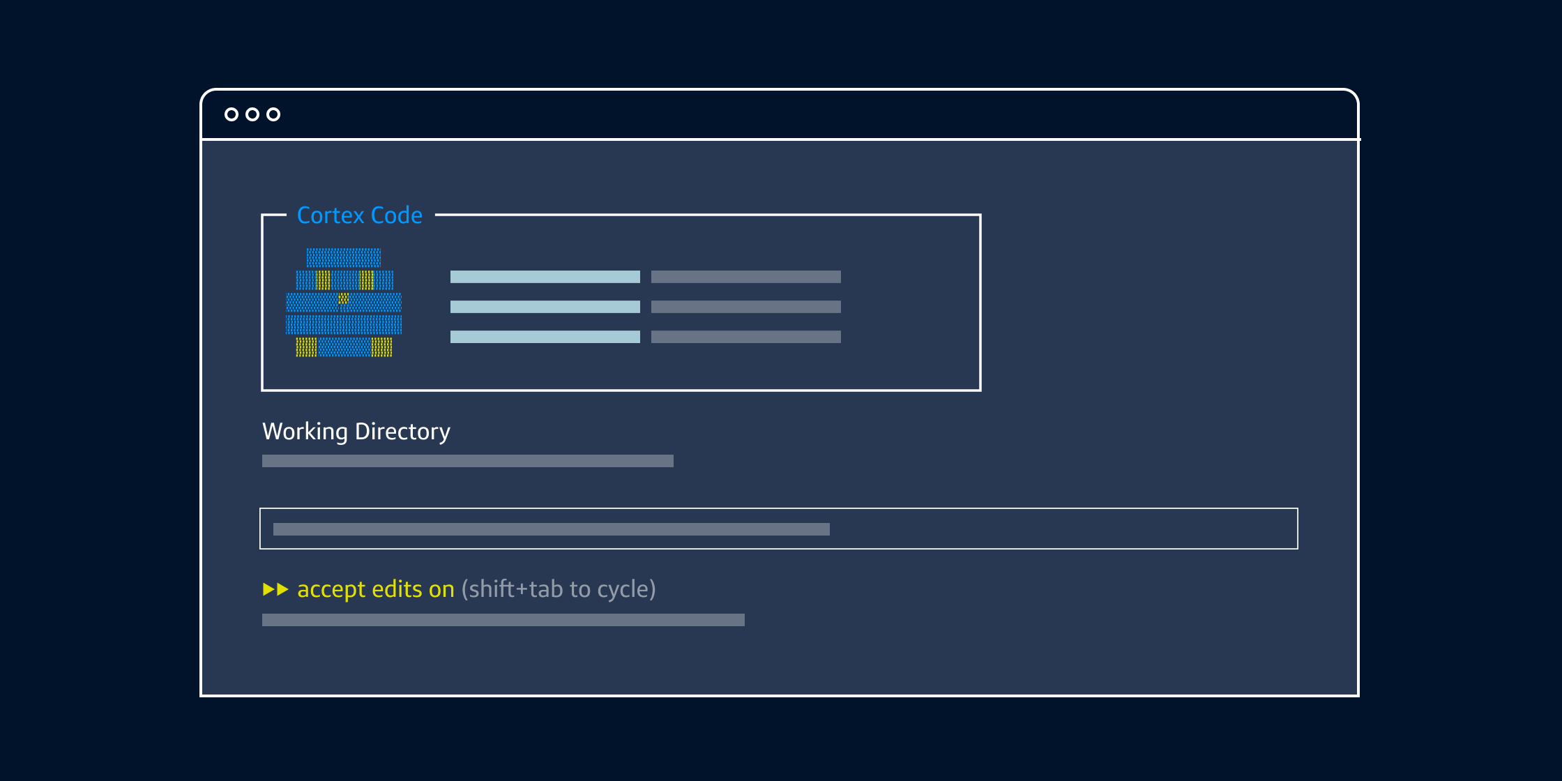 Cortex Code screen grab in blue with working directory underneath.