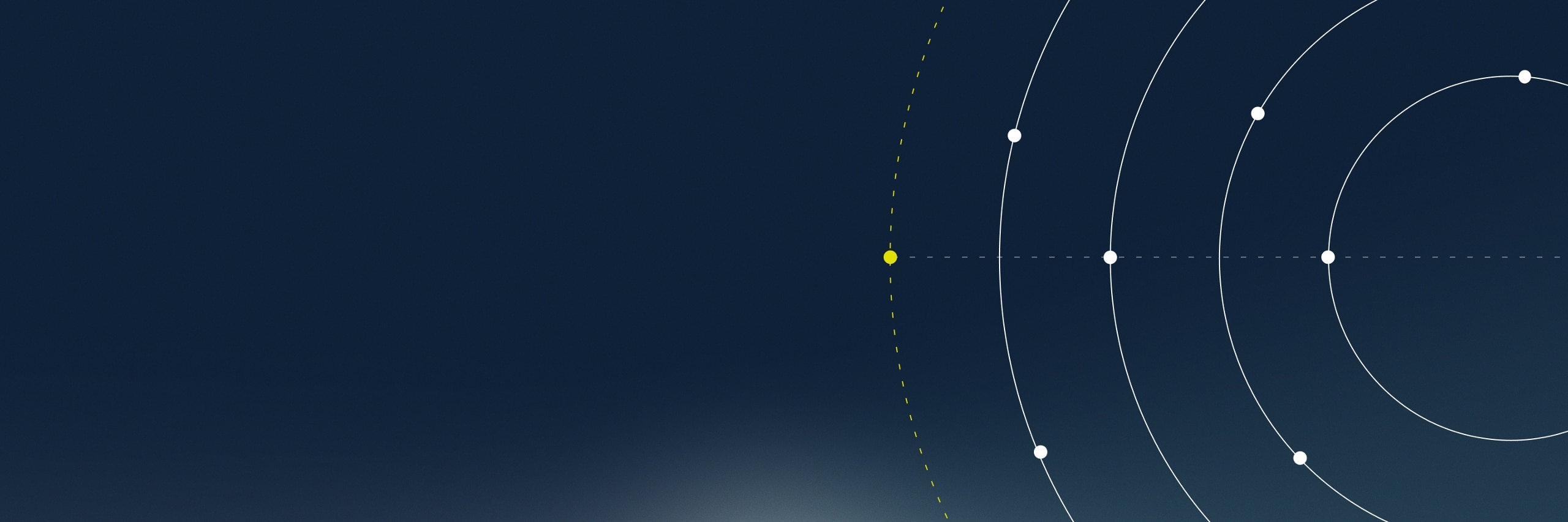 Dark blue background with yellow and white circles spanning the right side.