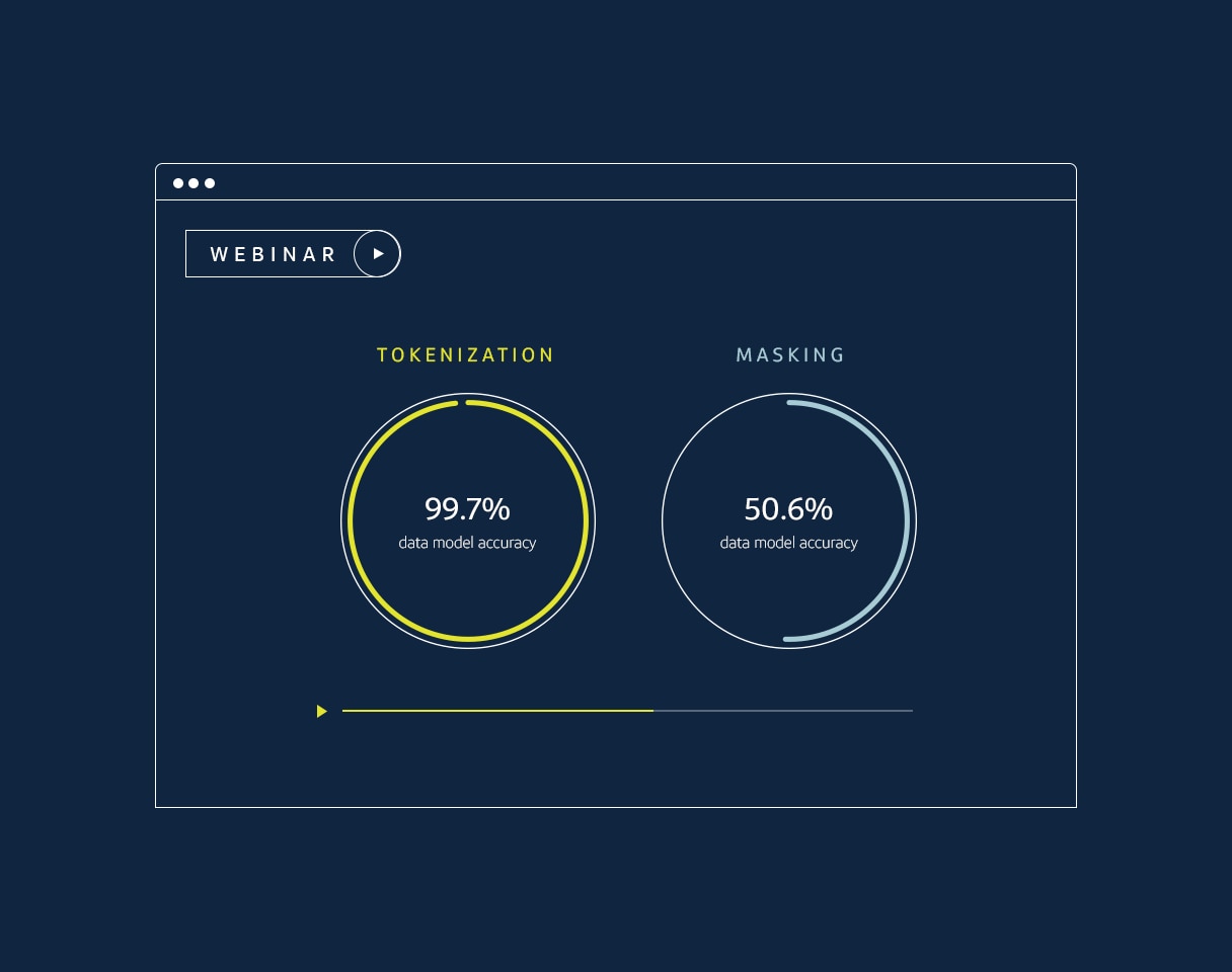 Graphic to promote the webinar showing tokenization run AI models have 99.7% accuracy vs. masking run AI models with 50.6% accuracy.