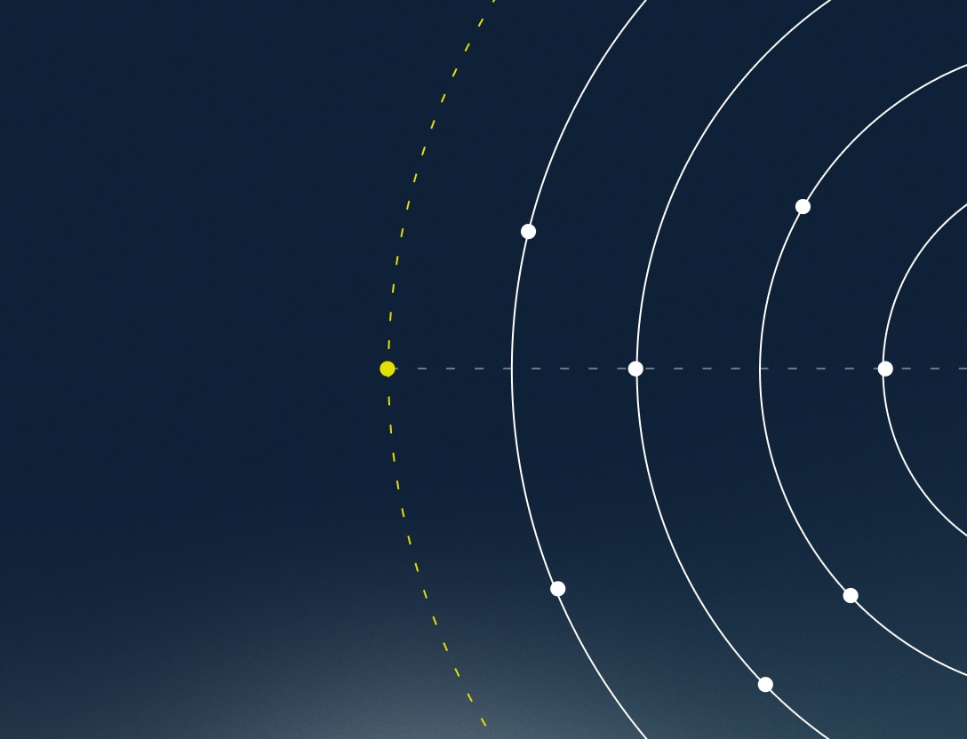 Dark blue background with yellow and white circles spanning across the right side.