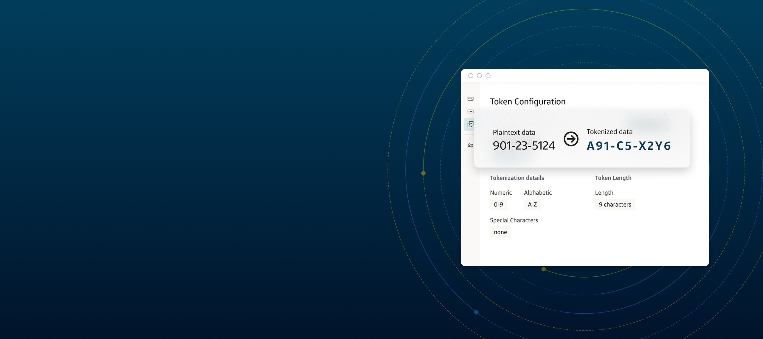 Token configuration screenshot inside a circle outline on a dark blue background.