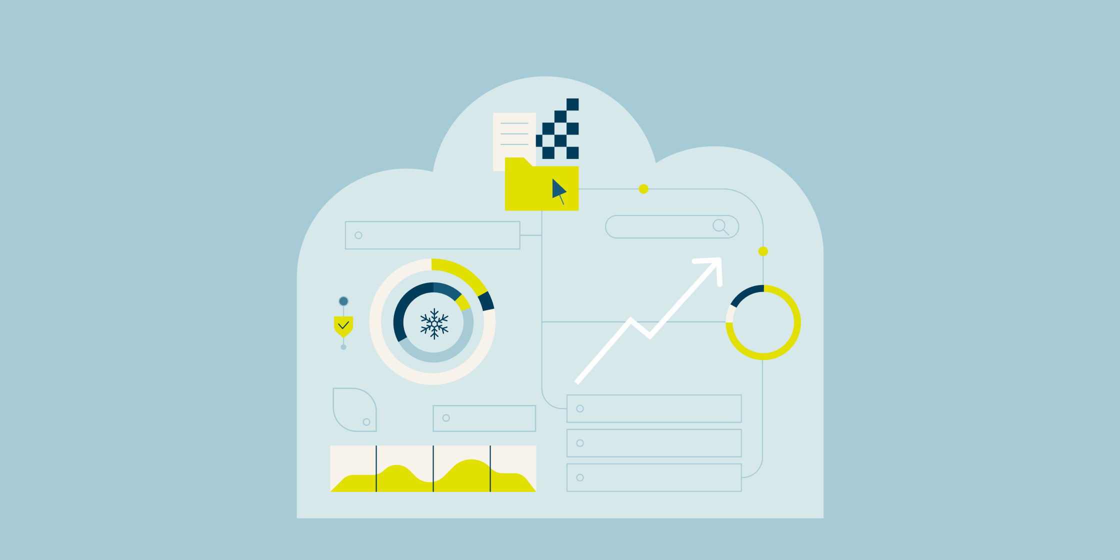 illustration of a light blue cloud graphic with line drawings of circles, arrows and pixels denoting data