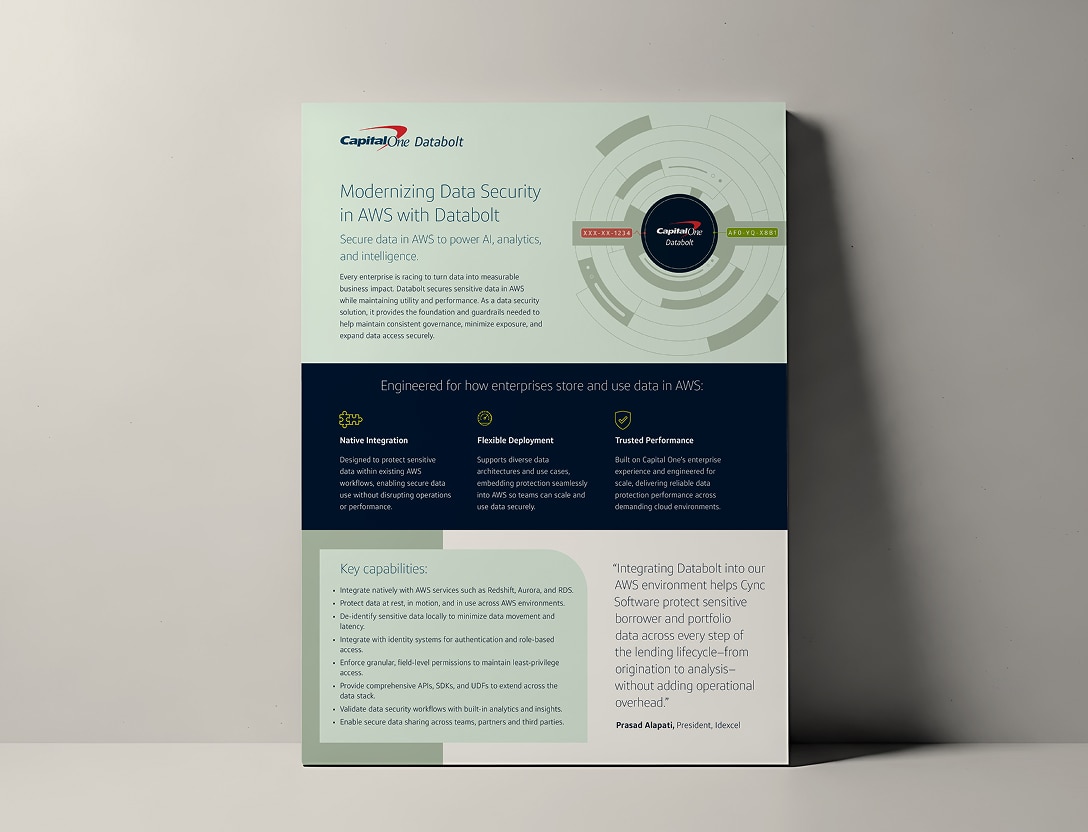 Physical print out of Modernizing Data Security in AWS with Databolt one-sheeter against gray background