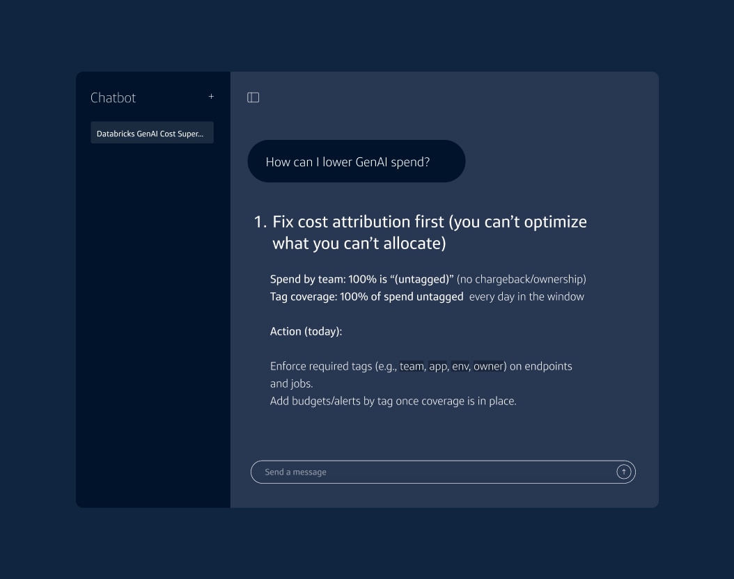 Screenshot a a chatbot with a prompt that asks, "How can I lower GenAI spend?"