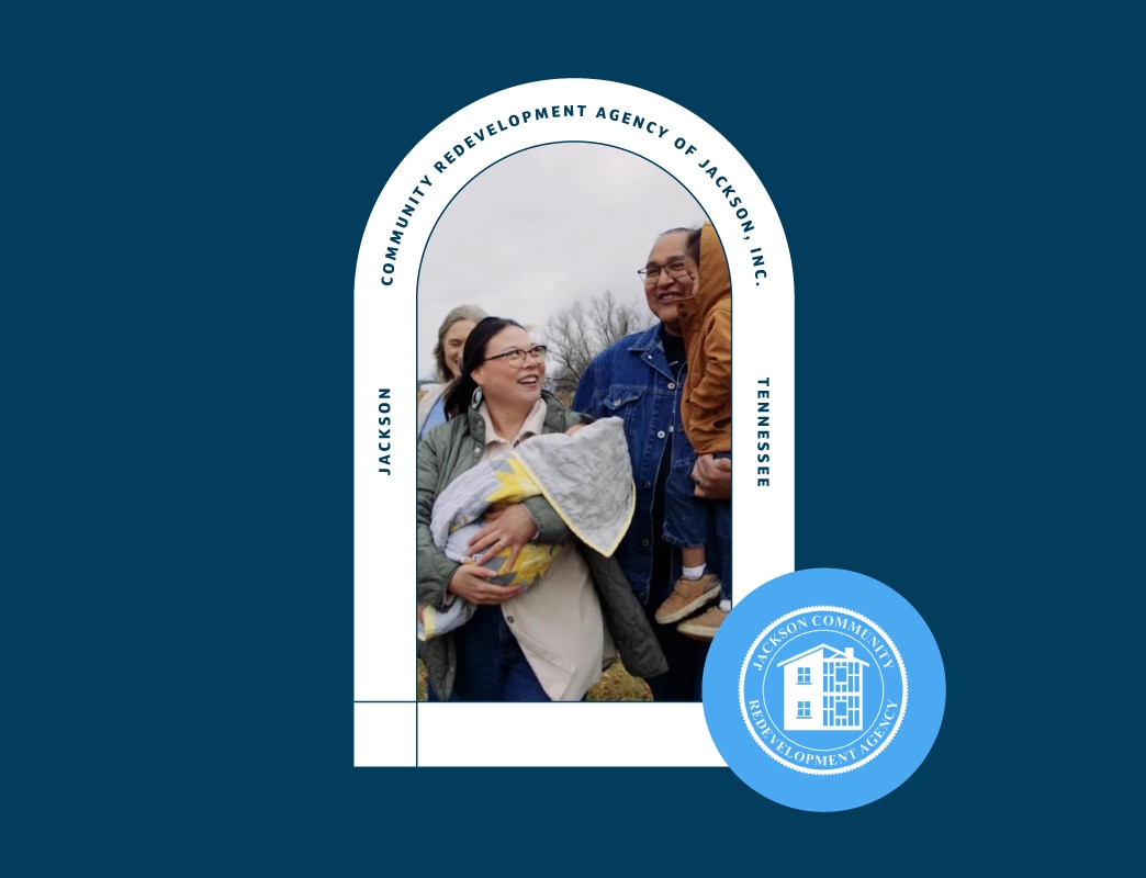Graphic from the Jackson Community Redevelopment Agency in Jackson, Tennessee, showcasing a photo of a modern two-story house framed inside an arch alongside the agency's circular logo.