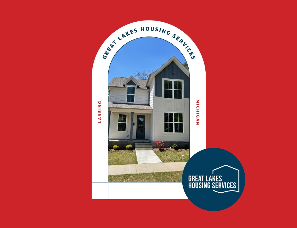 Graphic from Great Lakes Housing Services in Lansing, Michigan, featuring a photo of a modern two-story house framed inside an arch alongside the organization's circular logo.