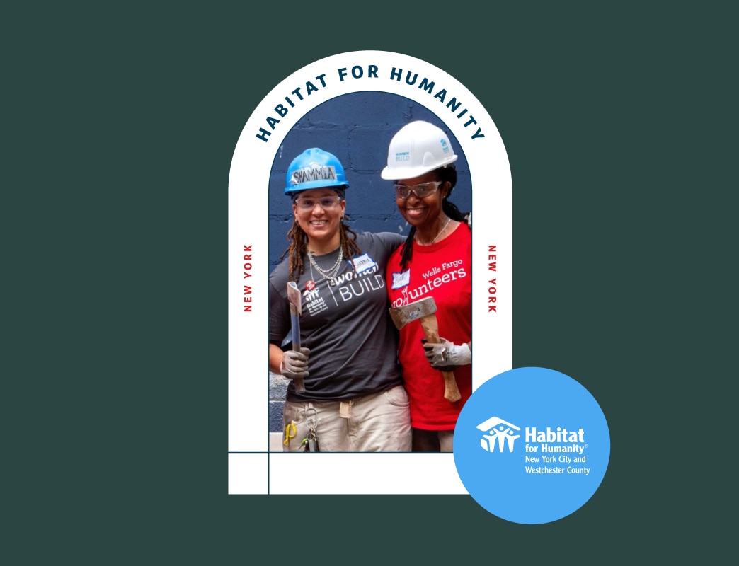 Graphic from Passaic County Habitat for Humanity in Paterson, New Jersey, featuring two smiling volunteers in hard hats holding tools, framed inside an arch alongside the organization's circular logo.