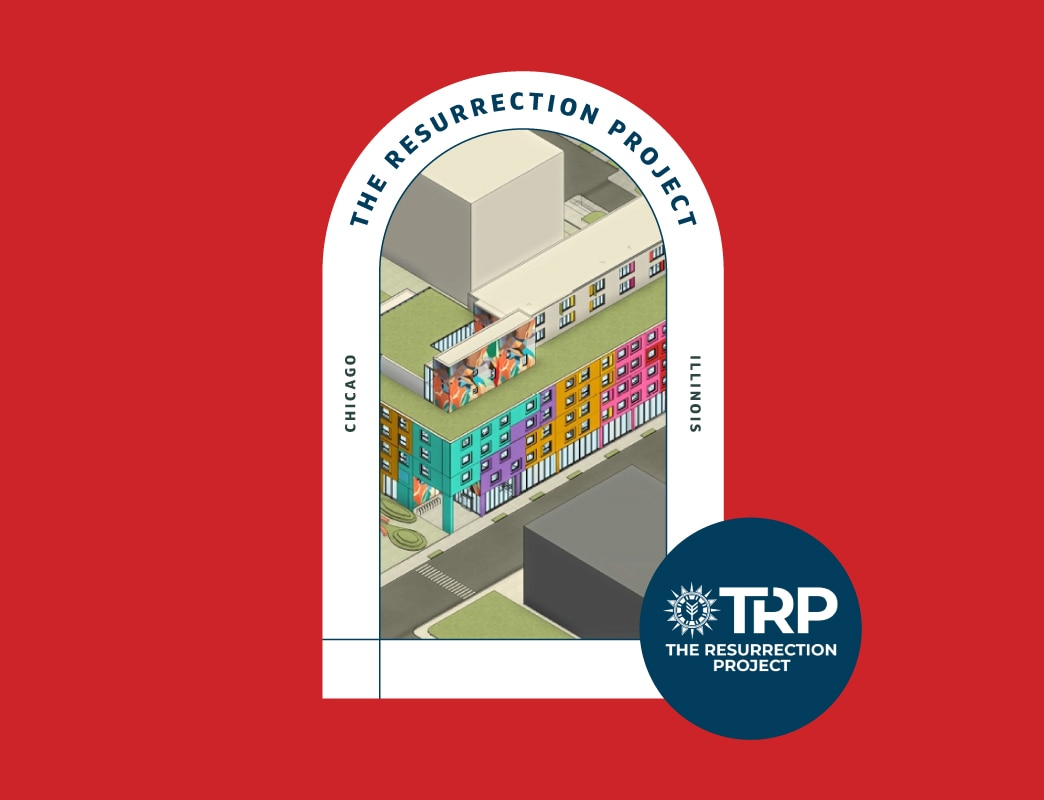 Graphic from The Resurrection Project in Chicago, Illinois, featuring an architectural rendering of a colorful multi-story building framed inside an arch alongside the organization's circular logo