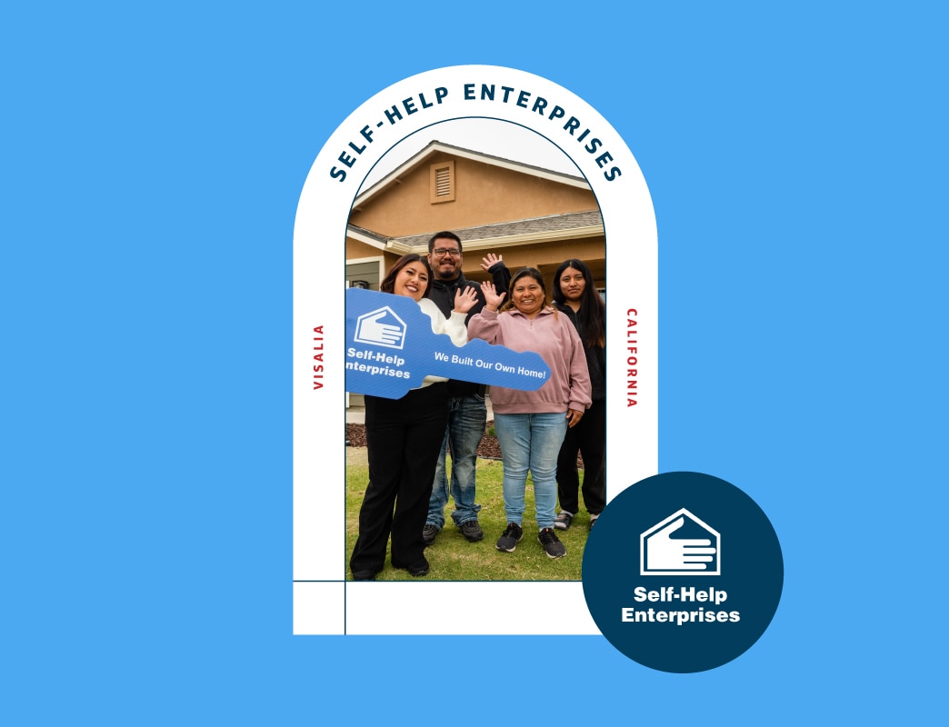Graphic from Self Help Enterprises in Visalia, California, featuring a family holding a celebratory key prop in front of a house framed inside an arch, alongside the organization's circular logo.