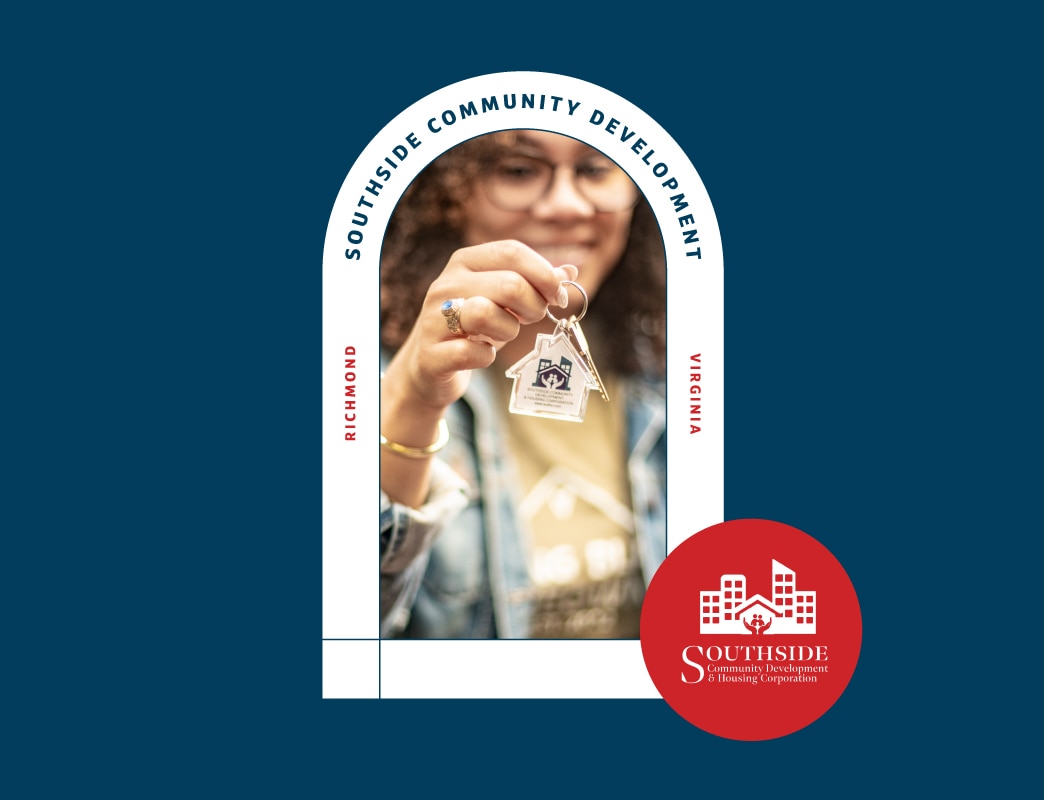 Graphic from Southside Community Development & Housing Corporation in Richmond, Virginia, featuring a woman holding up a house-shaped keychain framed inside an arch alongside the organization's circular logo.