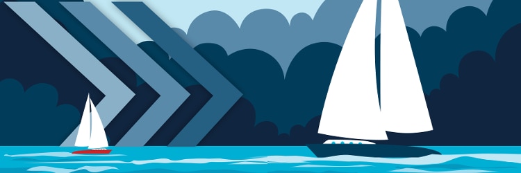 sail boats floating on water with 3 blue chevrons entering from left