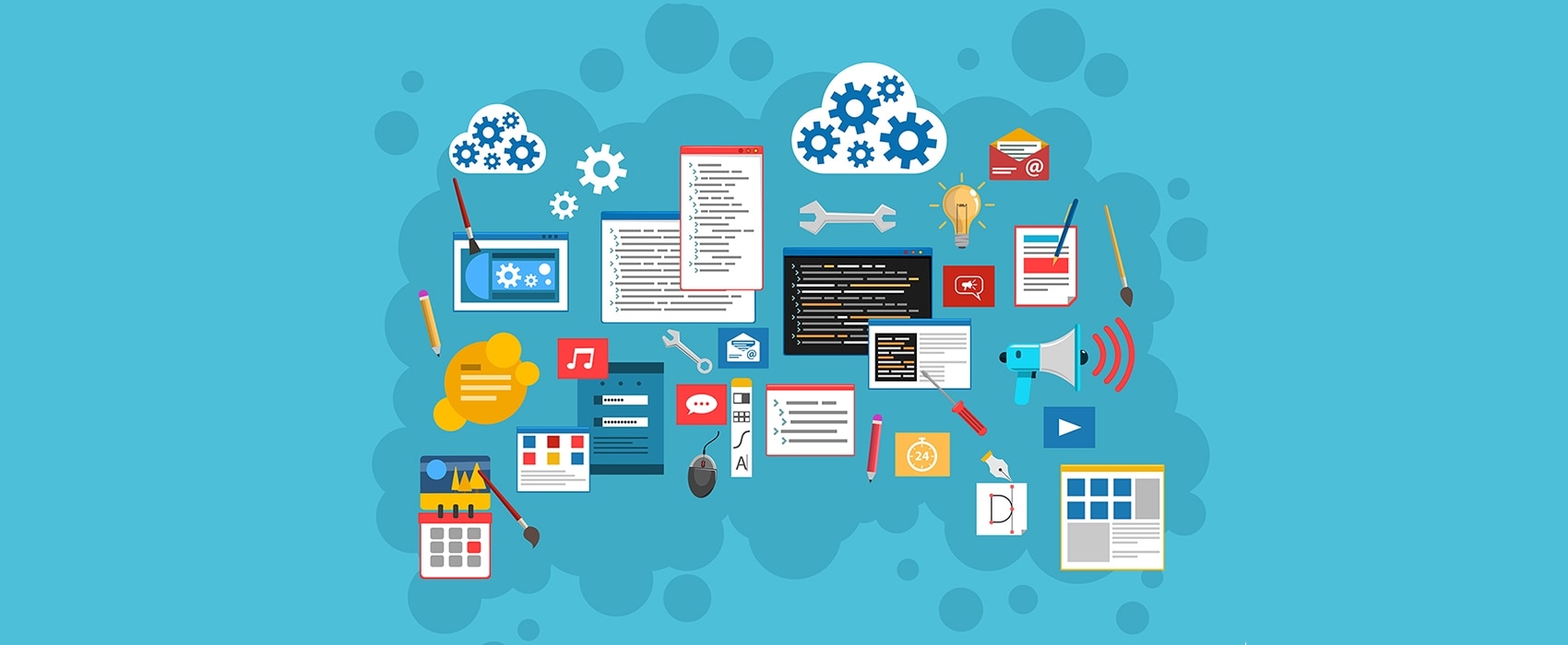 cloud, wrench, lightbulb, and document icons within a grey thought bubble, surrounded by a sky blue background