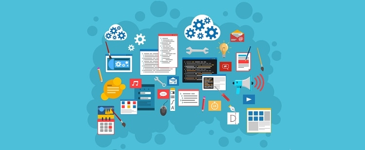 cloud, wrench, lightbulb, and document icons within a grey thought bubble, surrounded by a sky blue background