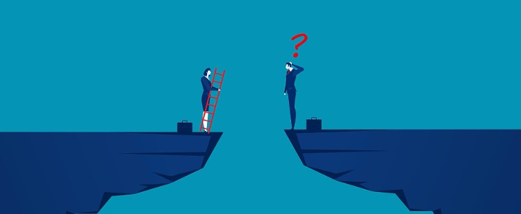 image in shade of blue of 2 men on opposite cliffs with ladders looking at each other