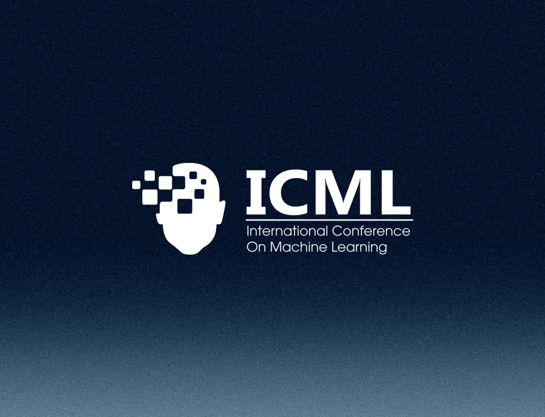 White ICML logo against dark blue background
